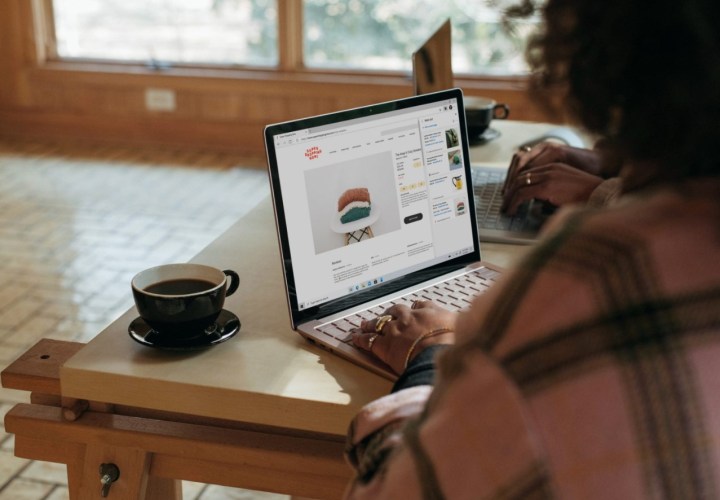 A person sitting at a desk, using a laptop.