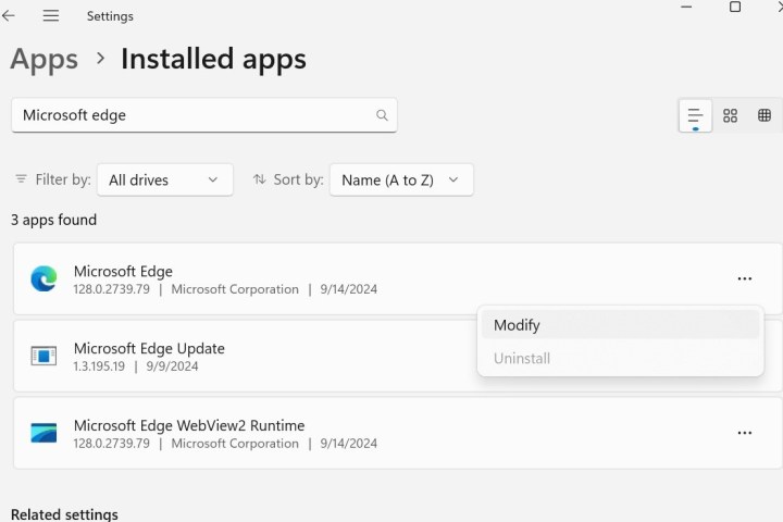 Microsoft Edge uninstall grayed out in Windows settings.