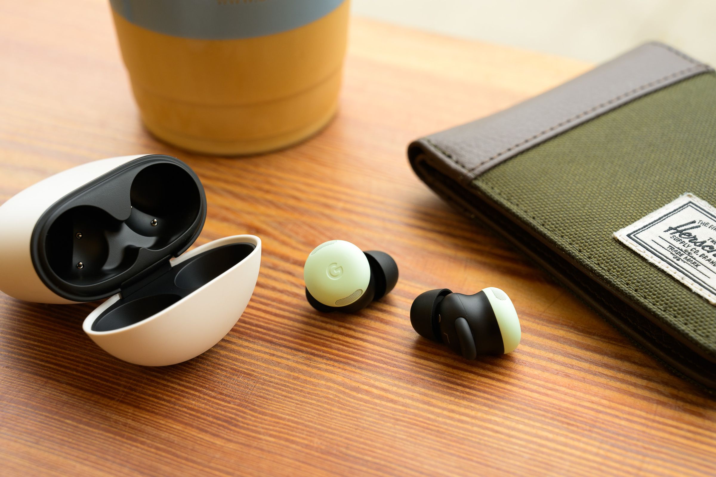 A hands-on photo of Google’s Pixel Buds Pro 2 earbuds.