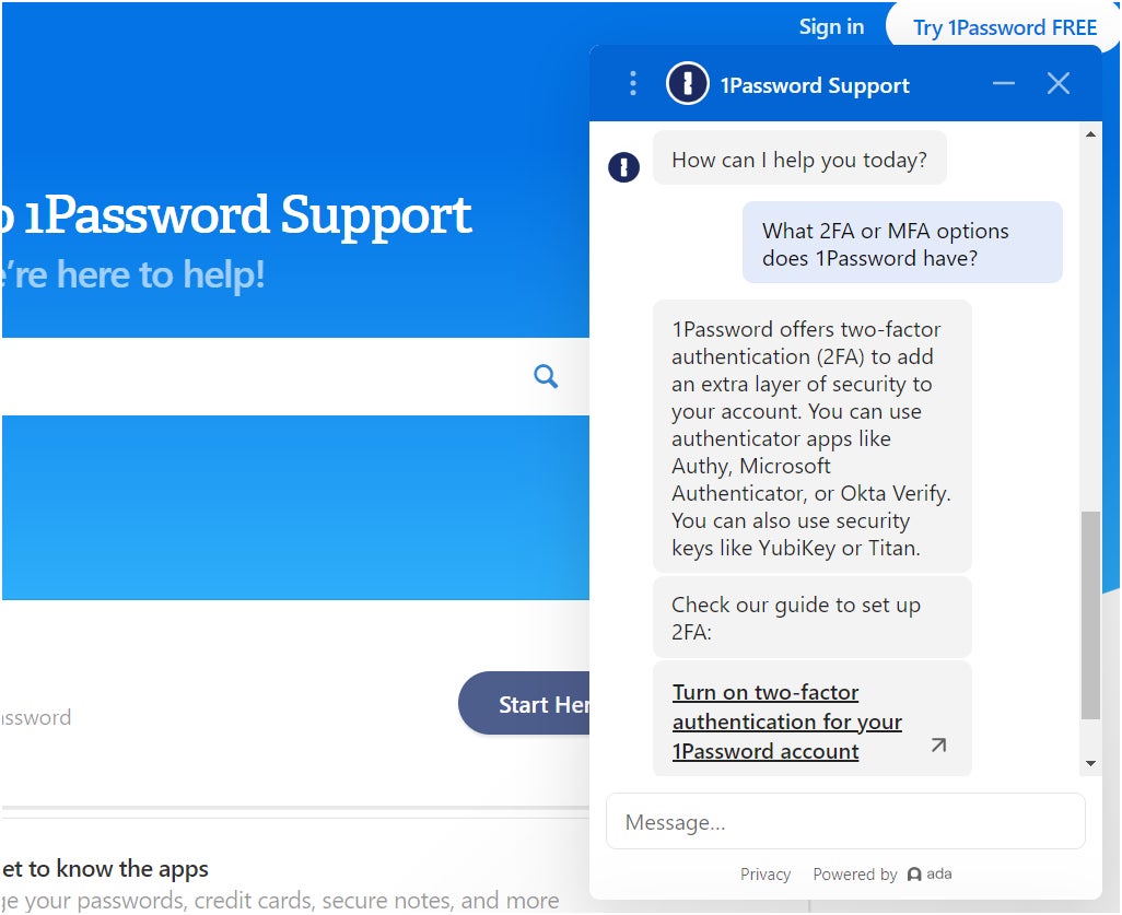 1Password’s AI support chatbot.