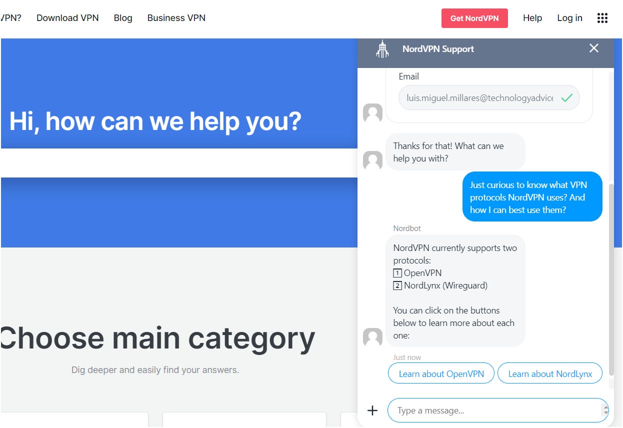 Asking NordVPN’s AI chatbot about its VPN protocols.