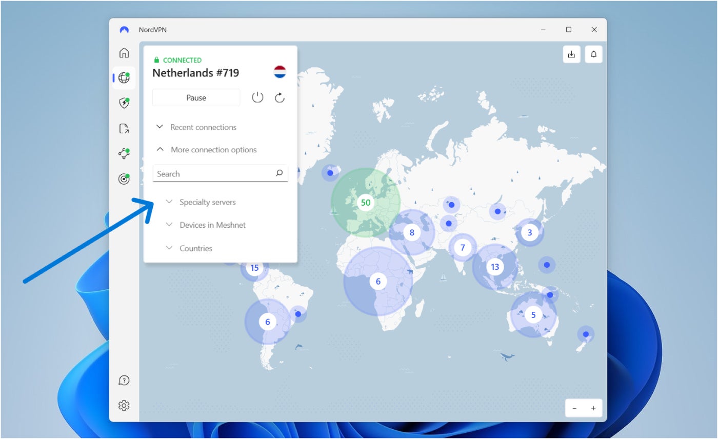 Collapsible menus in NordVPN app.