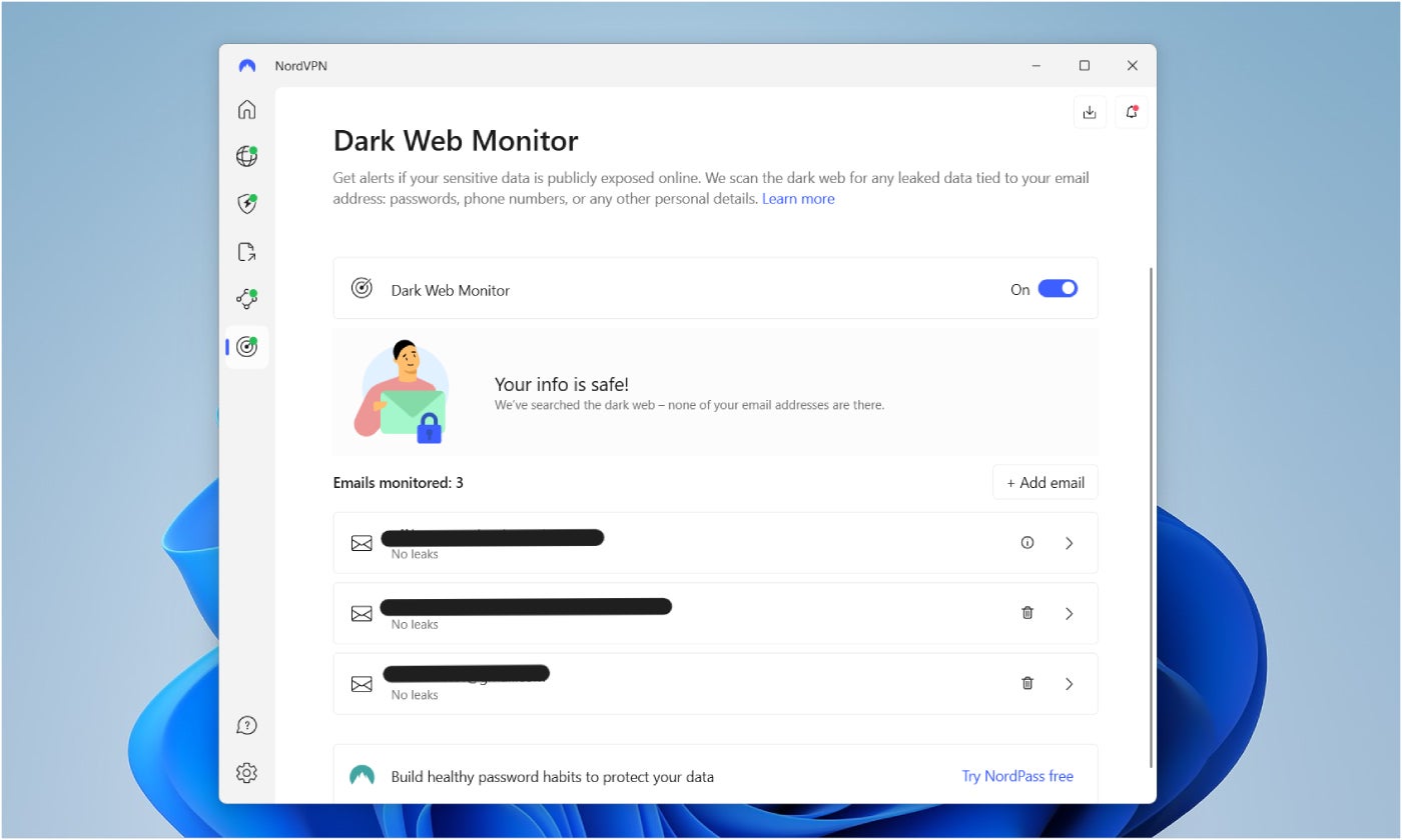 My emails in NordVPN Dark Web Monitor.