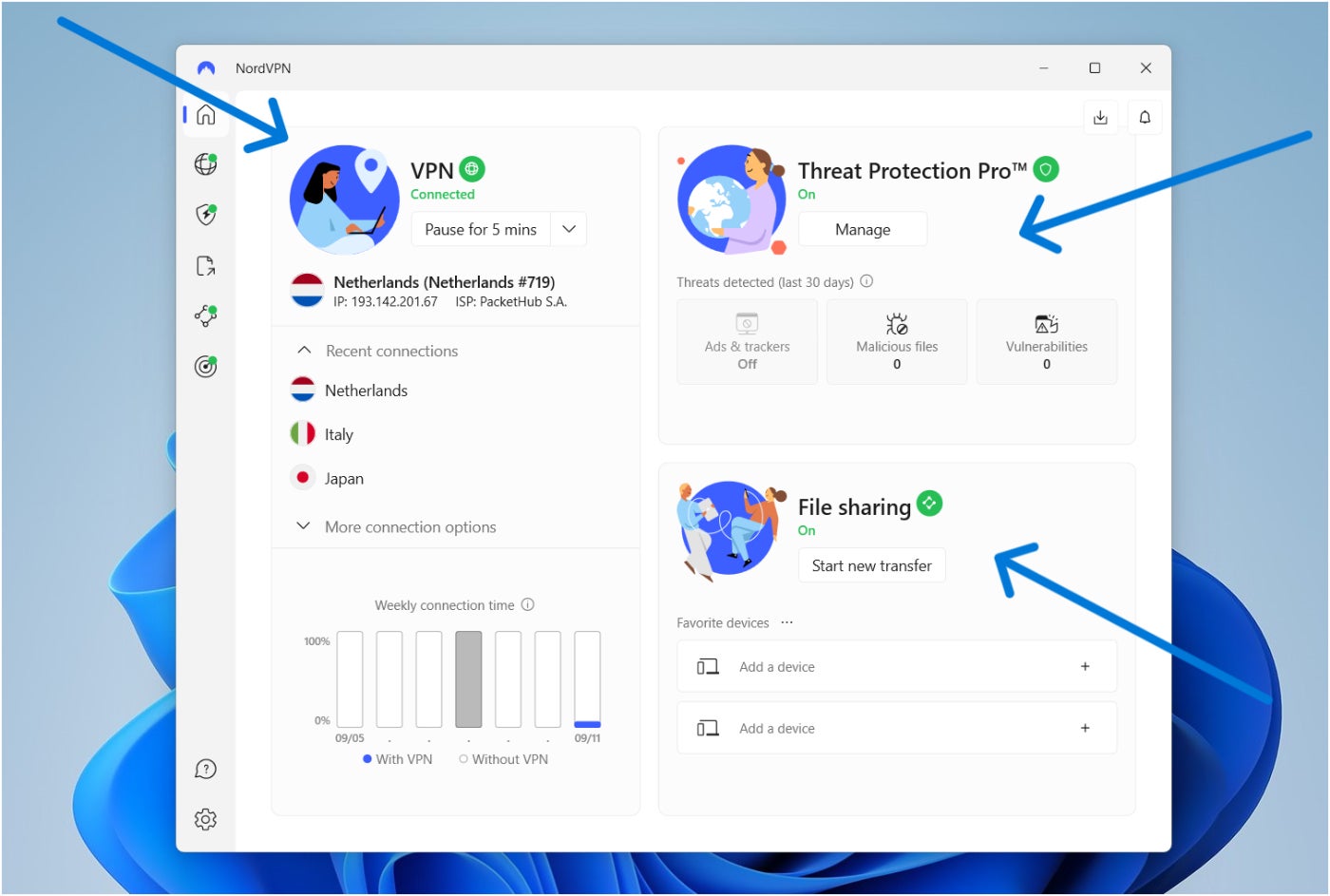 NordVPN home dashboard.