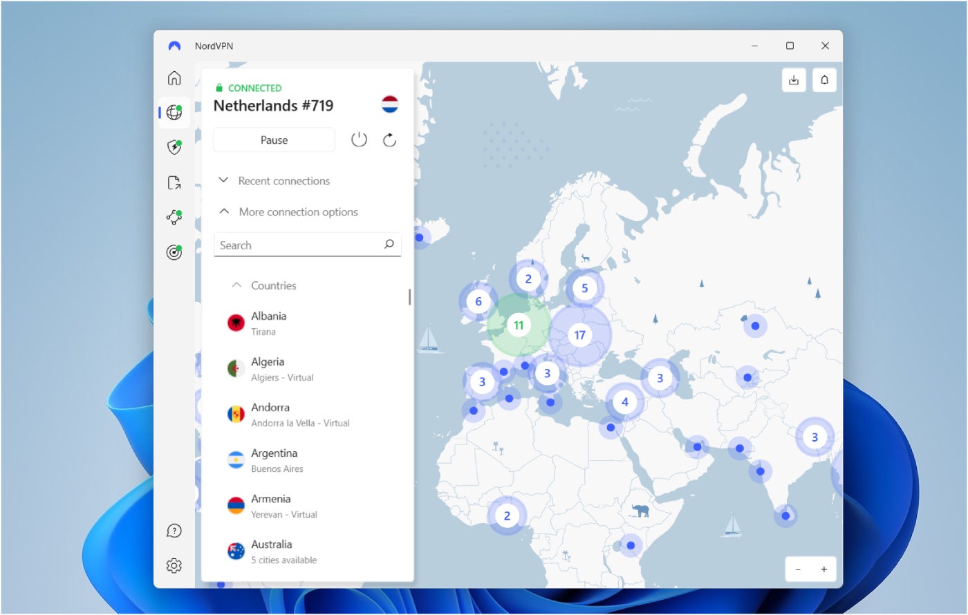 NordVPN server list.