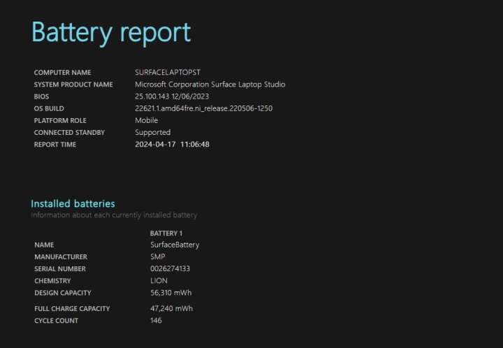 A screenshot of the top of a battery report on Windows 11