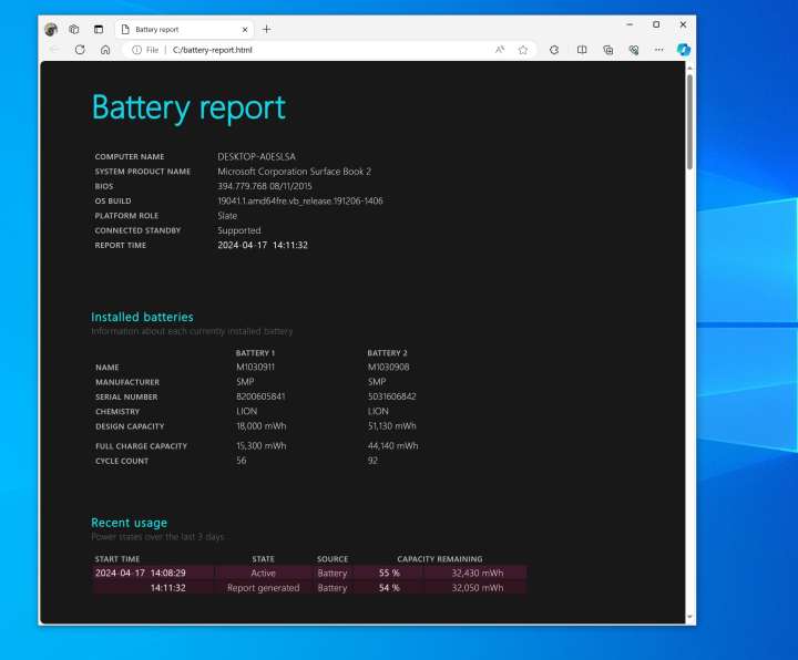 A battery report on Windows 10