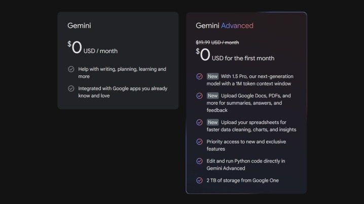 A screenshot of Gemini Advanced's offerings.