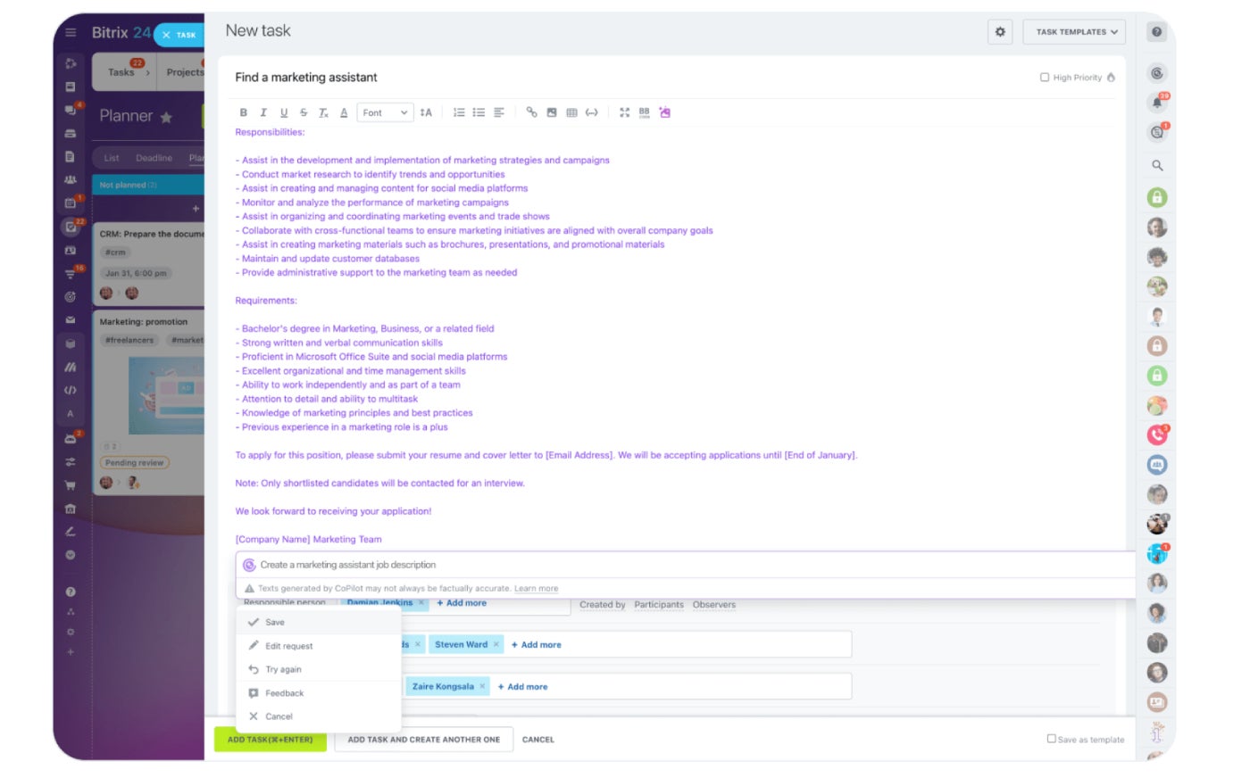 Bitrix24 AI task management feature.