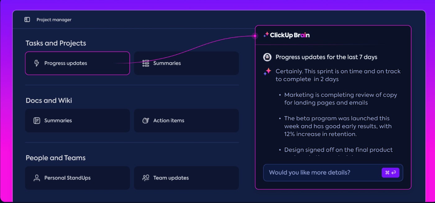 ClickUp project manager feature.