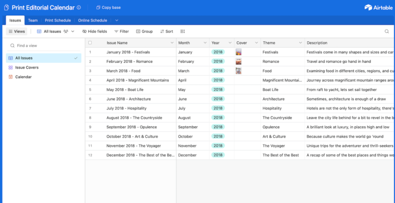 Airtable’s print editorial calendar showing a table view for 12  different issues from January to December.