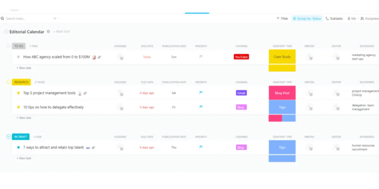 ClickUp’s editorial calendar template with tasks segmented as to-do, research, and in draft.