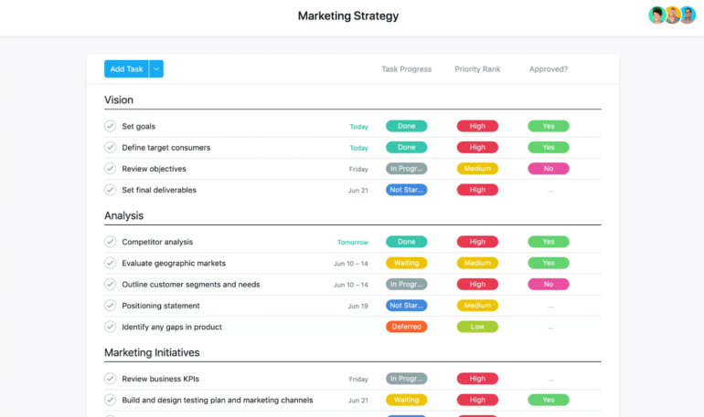 A list view of different marketing plans categorized by vision, analysis, and marketing initiatives with priority levels and task progress displayed by color.