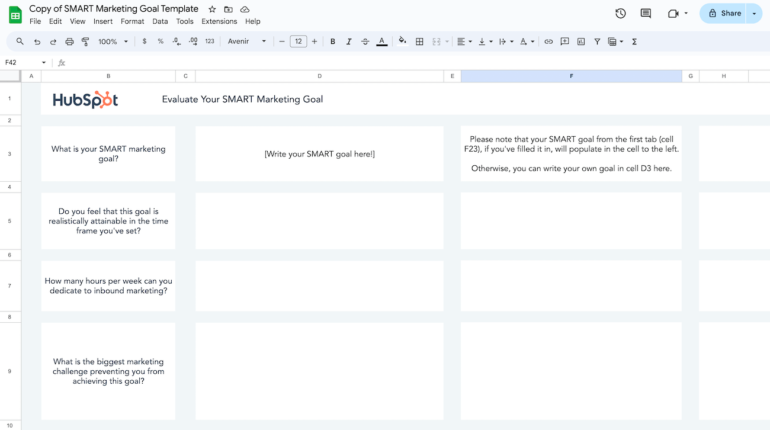 A Google Sheets screenshot showing a HubSpot template with evaluation questions for SMART marketing goals.