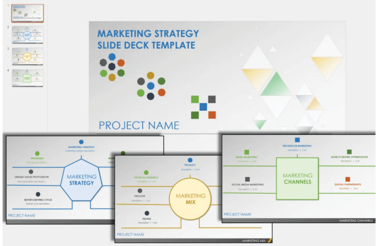 Alt: A sample presentation showing four slides of a marketing strategy.