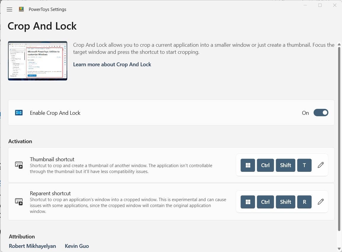 In the Crop and Lock menu you can find some shortcut options to customize a shortcut for the PowerToy.