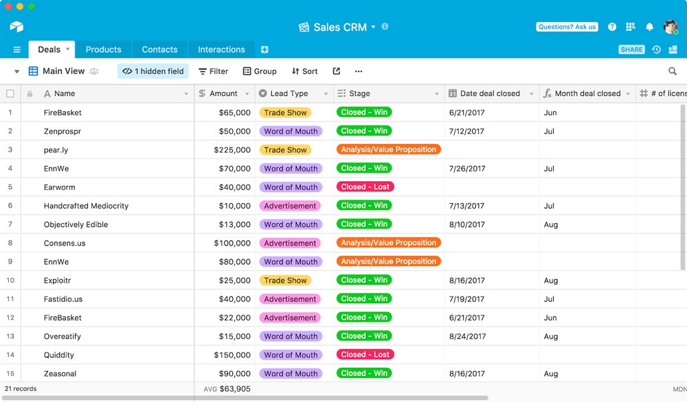 An example of CRM data displayed in an Airtable base.