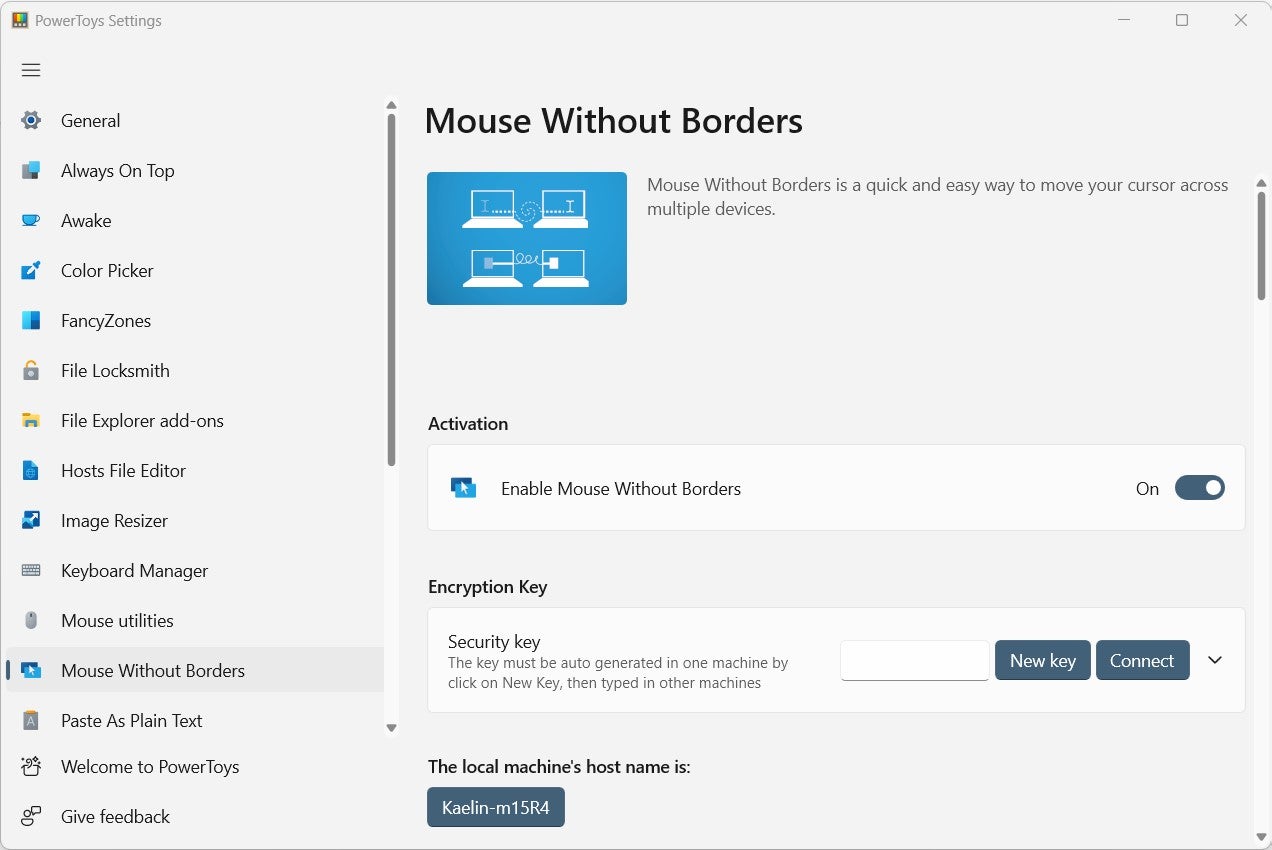 Note the options in the Mouse Without Borders menu for selecting different devices to move the cursor across. Image: Mark Kaelin/TechRepublic