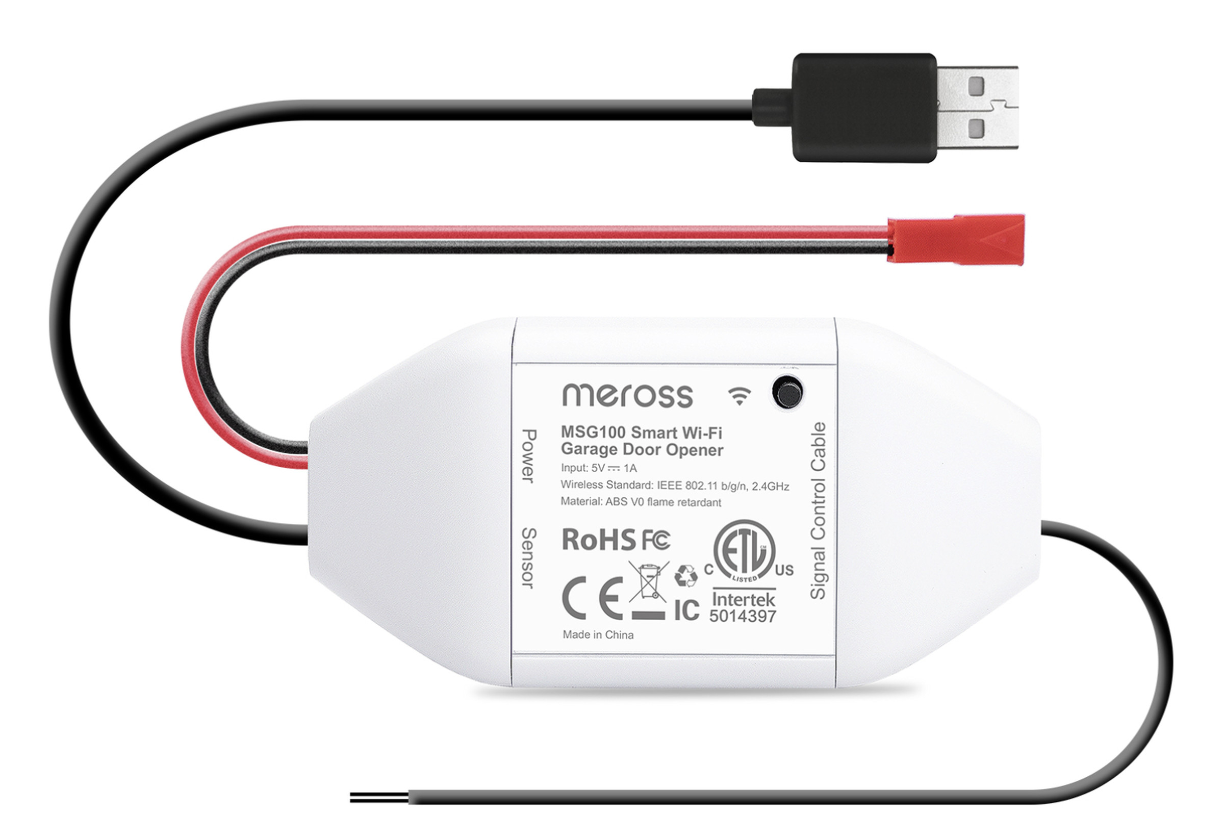 White device labeled Meross with black and red wires coming out