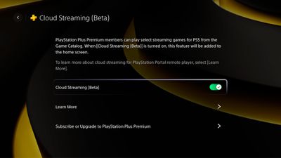 Screenshot of the cloud streaming menu in the new PlayStation Portal software update.