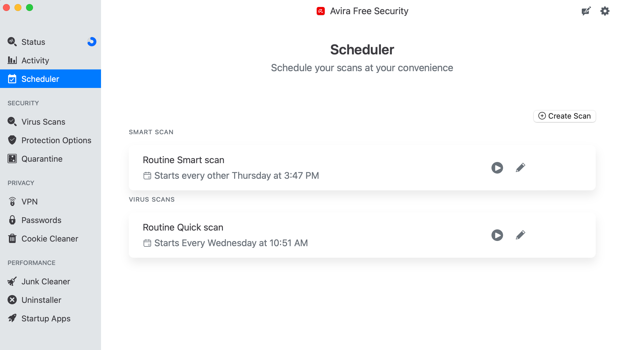Avira’s free scheduler options.