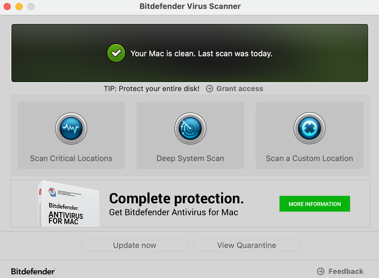 The Bitdefender free AV dashboard.