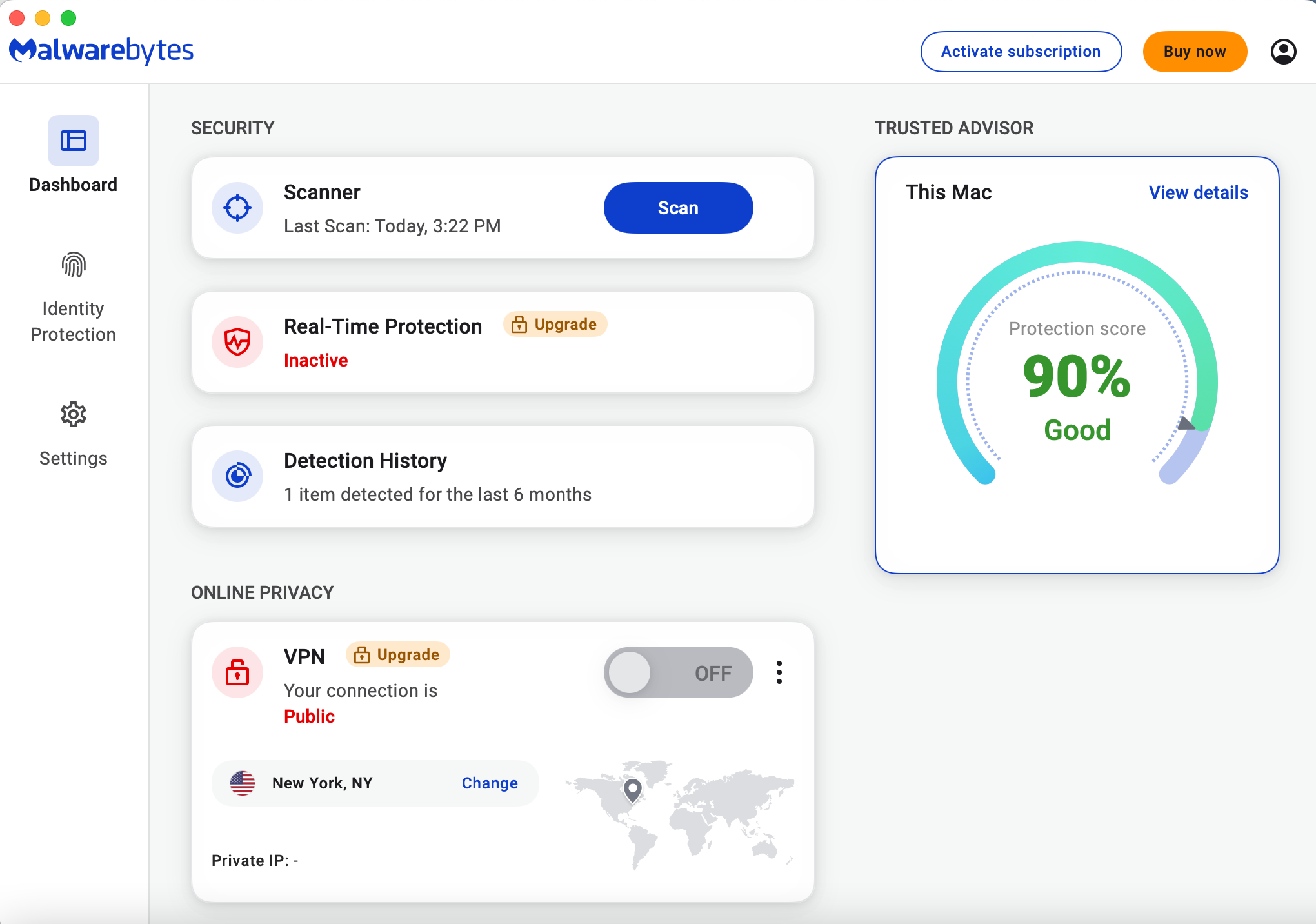 The Malwarebytes dashboard with Trusted Advisor score.