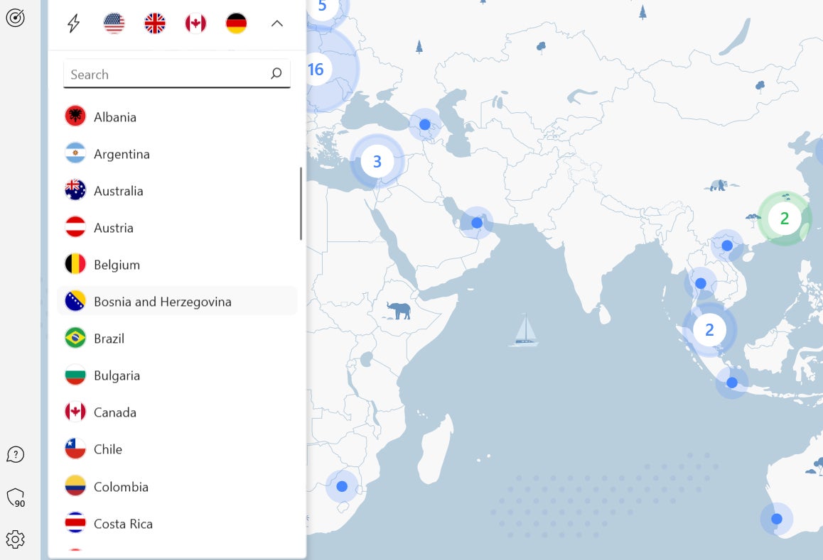 NordVPN server list and map.