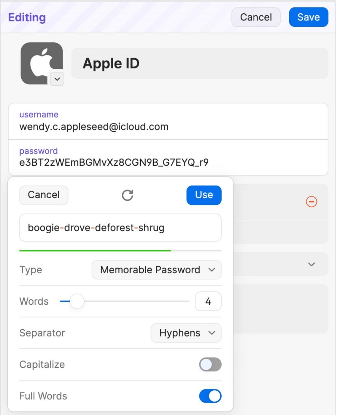 1Password password generator on iOS.