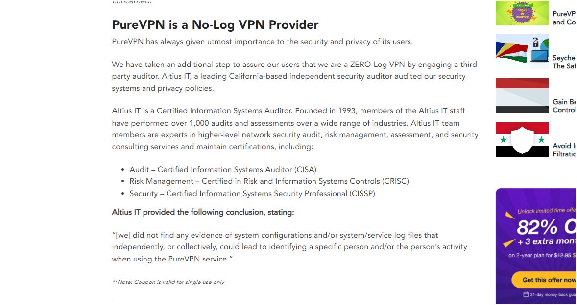 PureVPN no-logs certified privacy policy post.