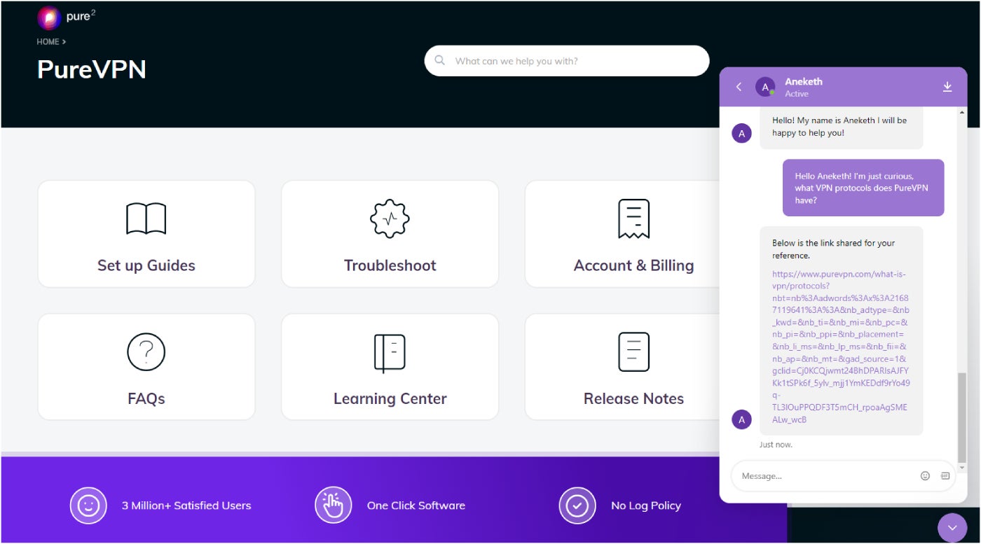PureVPN’s support page and live chat feature.