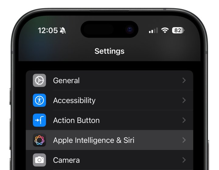 Apple Intelligence & Siri highlighted in the Settings menu on iOS 18.