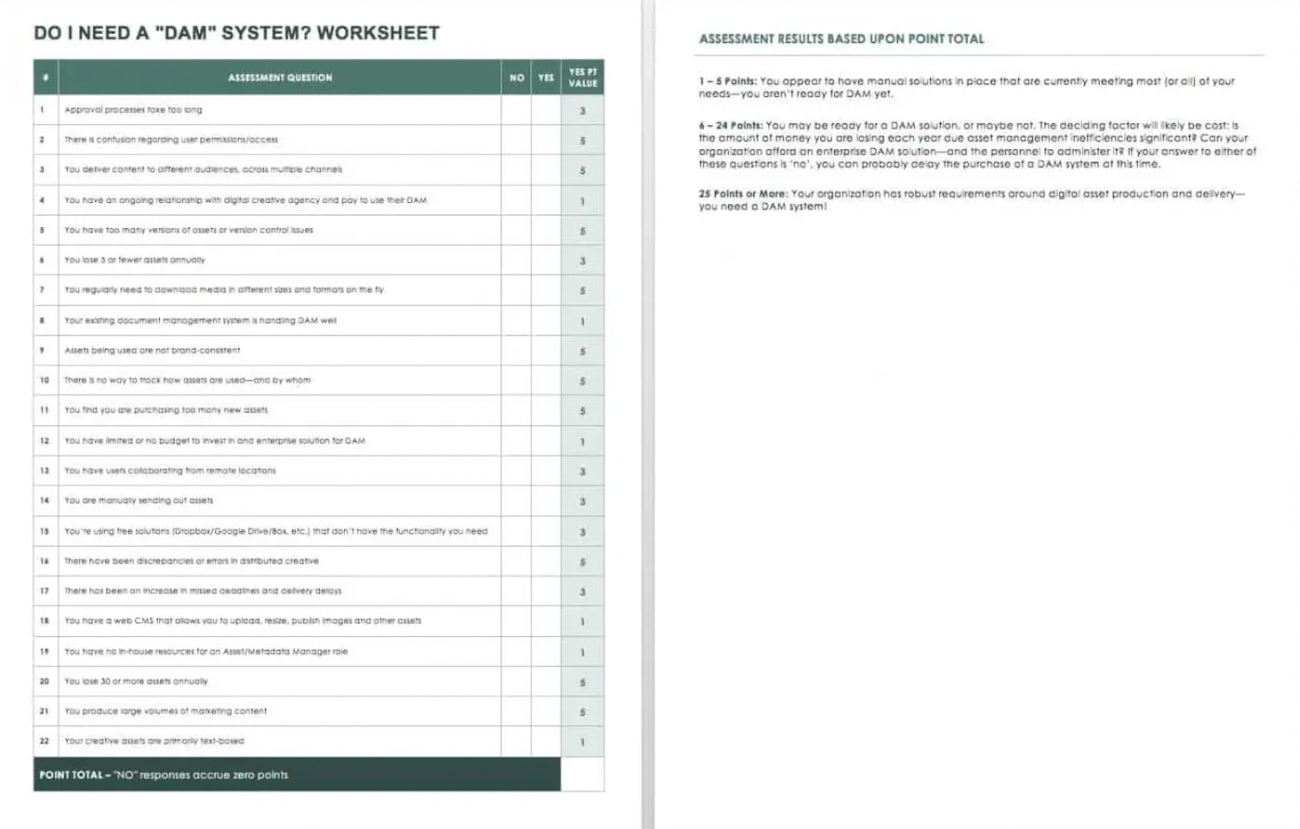 Smartsheet’s DAM system worksheet, with a list of yes or no questions.