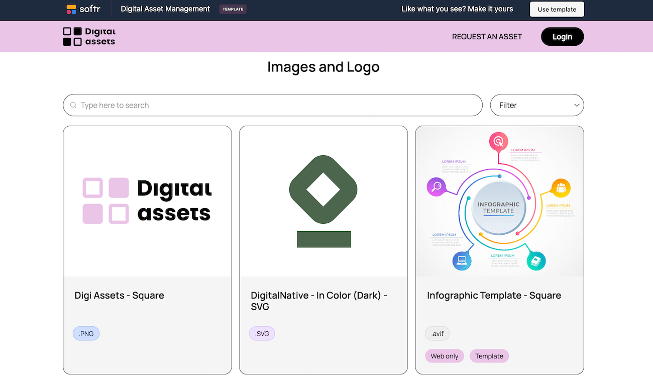 A sample digital asset template from Softr showing three different asset files and a large icon image for each. 