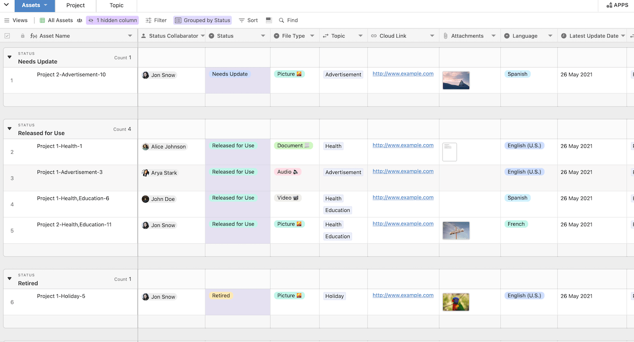 A digital asset management template in Stackby with assets organized by status.