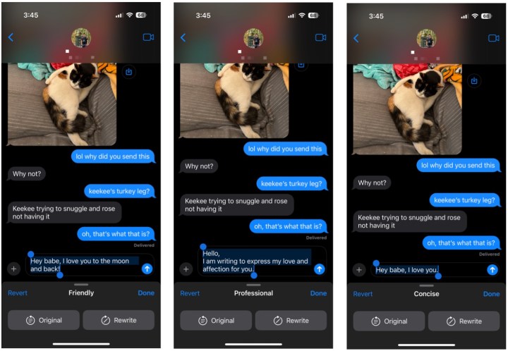 Choose one of three tones to rewrite your text into with Apple Intelligence.