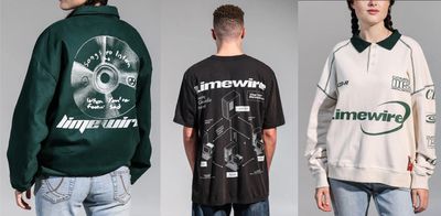 Three images of people modeling items from Dumbgood’s new LimeWire apparel collection.