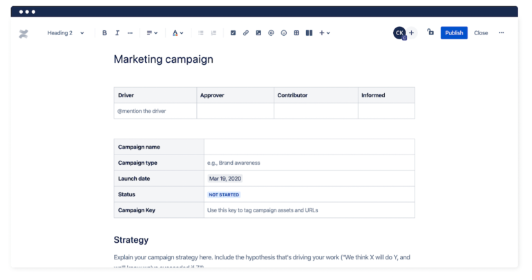 A marketing campaign template that’s partially filled out in Confluence. 