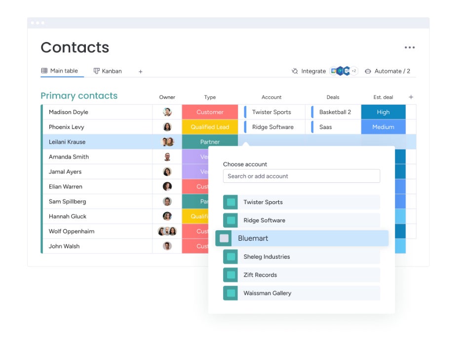 monday CRM contact management feature.