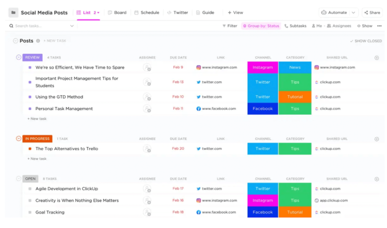 List view of social media posts tagged as open, in progress, and review. 