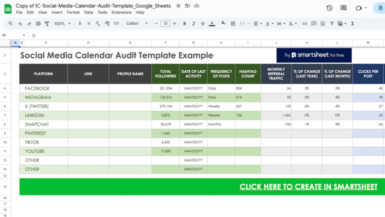 Google Sheets version of a social media audit template with eight social platforms and key data for each one.