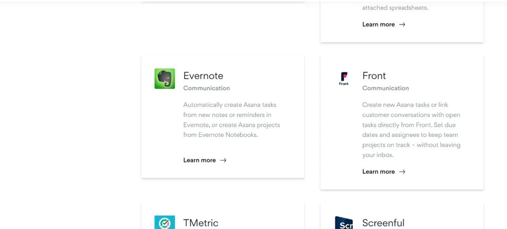 Integrations screen in Asana.