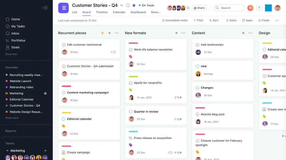 Asana Board view showing customer stories.