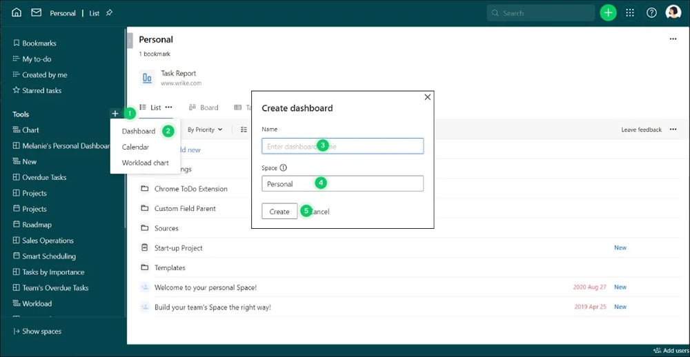 Creating a project dashboard in Wrike from space tools.