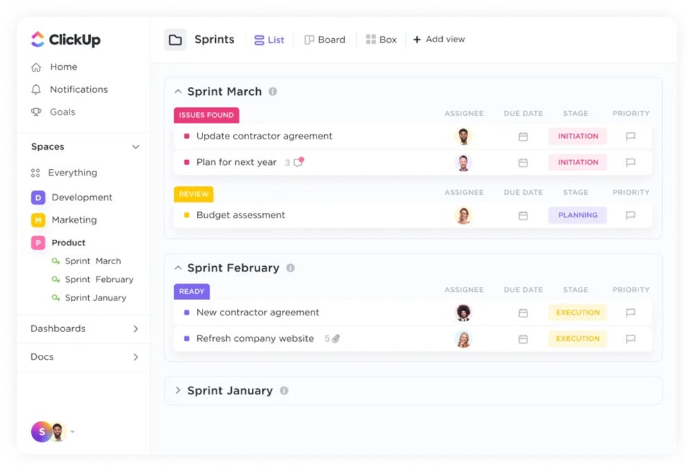 ClickUp agile project management template.