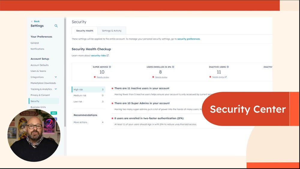 HubSpot security center feature.