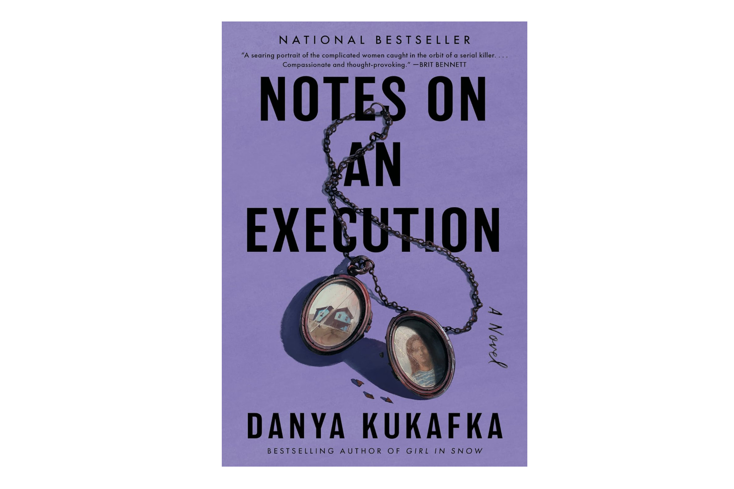 Book cover for Notes on an Execution by Danya Kukafka, showing a necklace with two photo lockets against a purple background