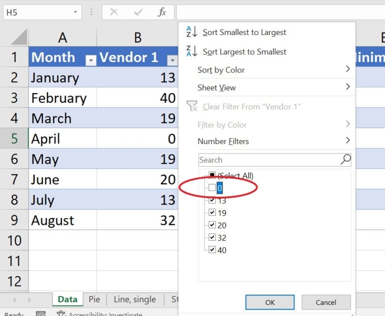 Uncheck zero to remove zero values from the filtered set.