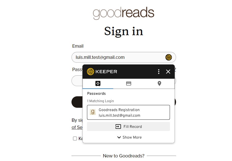 Keeper suggesting my saved Goodreads login.