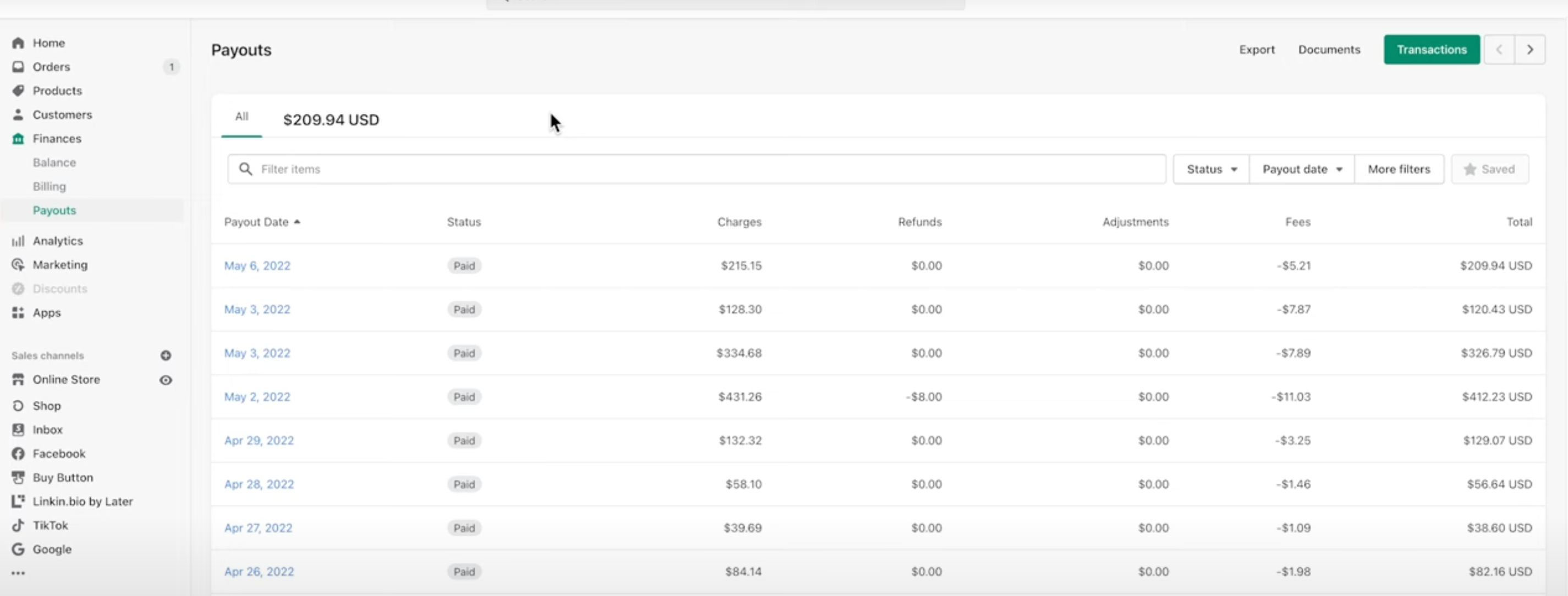 Shopify payouts.